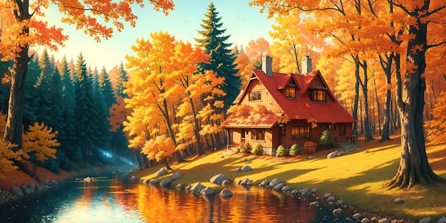 Autumn landscape a house in the forest by the river