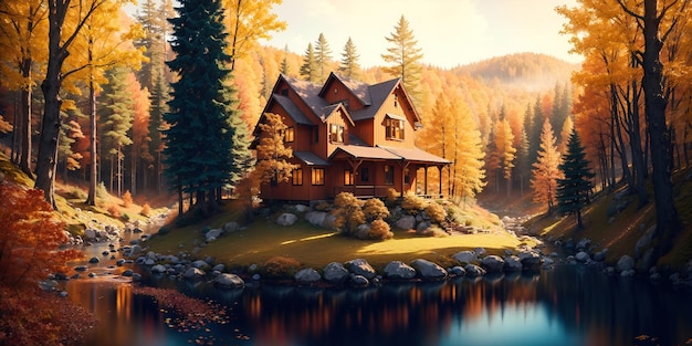 Autumn landscape a house in the forest by the river