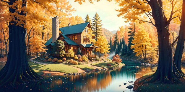 Autumn landscape a house in the forest by the river