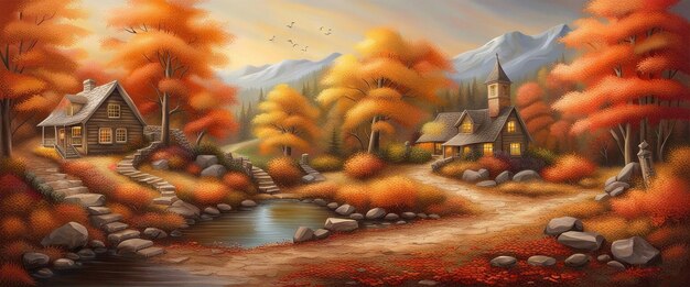 Autumn landscape house in forest with mountain river among orange trees against the background of hills and mountains