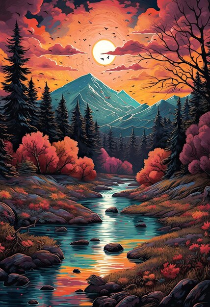 写真 川の威厳とともに暗い森の秋の風景