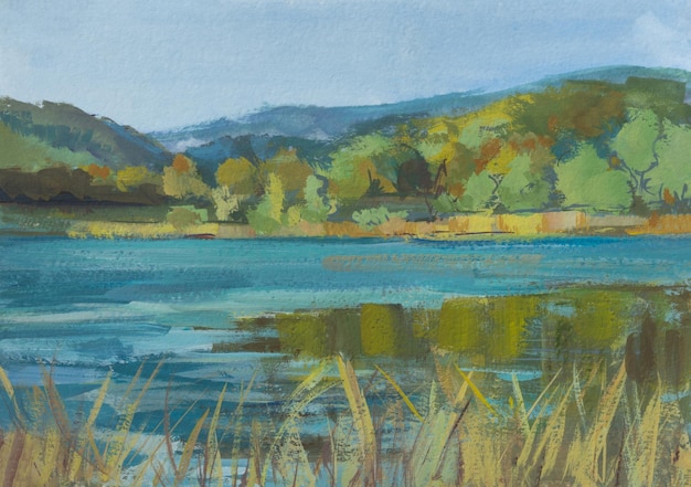 Autumn landscape lake gouache painting. Beautiful calm pastel autumn landscape.