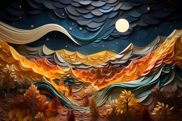 Autumn landscape layered paper art forest and mountains 3d paper cut illustration