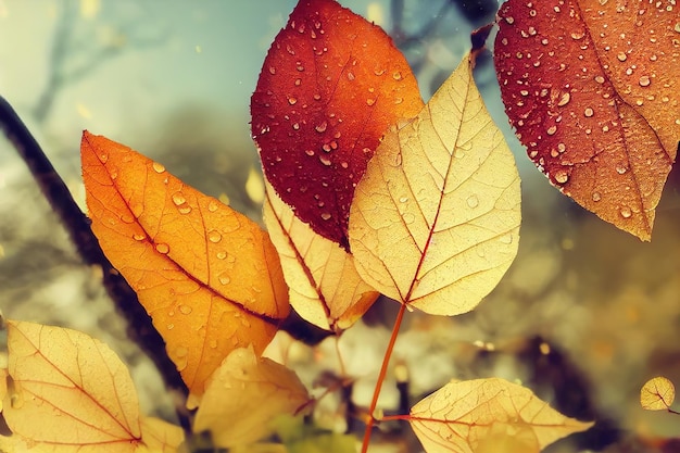 Autumn landscape leaves with dew drops background