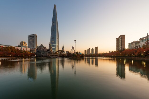 Autumn landscape at lotte world in morning in Seoul city, South Korea.