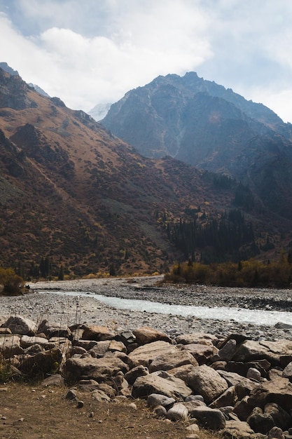 Autumn landscape above mountain pass, National park Ala Arch, Kyrgyzstan.