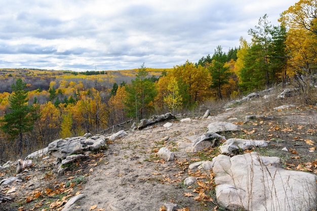 Autumn landscape nature in the mountains in autumn rocks mountains hills Landscape with rock in forest