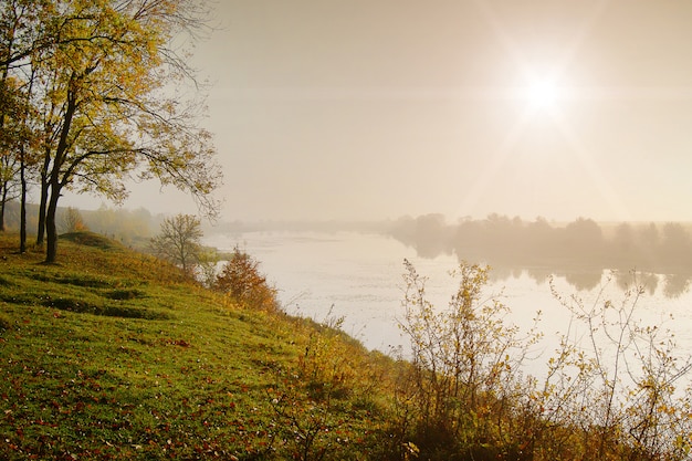 Autumn landscape over the river and the forest