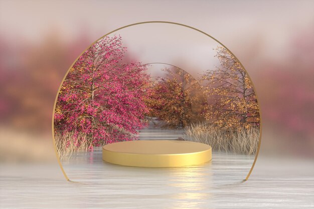 제품 디스플레이 3D 렌더링을 위한 포디움과 함께 가을 풍경 장면