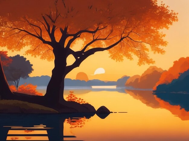 Autumn Landscape Tree on the River Bank