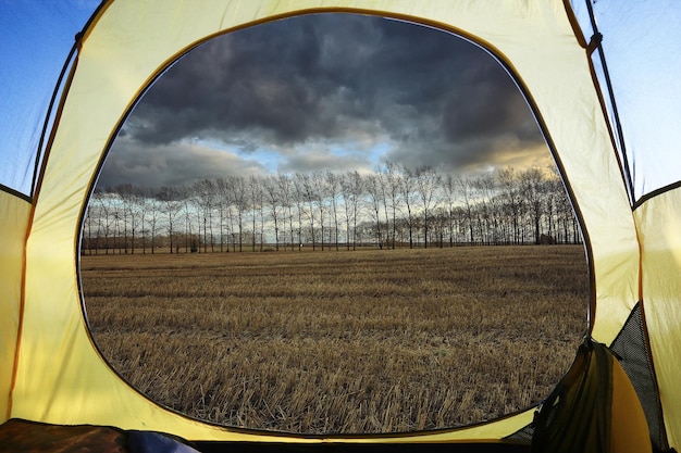 autumn landscape view from the tent tourism