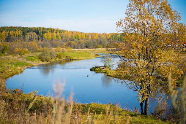 秋の風景、川と森の眺め、中部ウラル、シベリアの自然