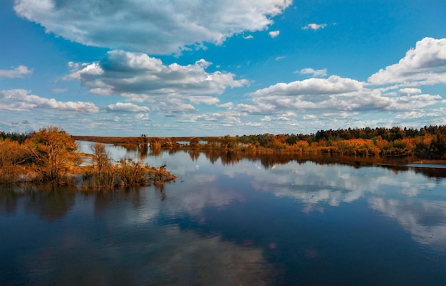 Осенний пейзаж широкой реки в лесу