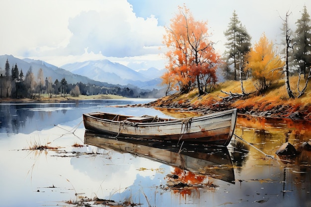 Autumn landscape with a boat on the lake Watercolor painting