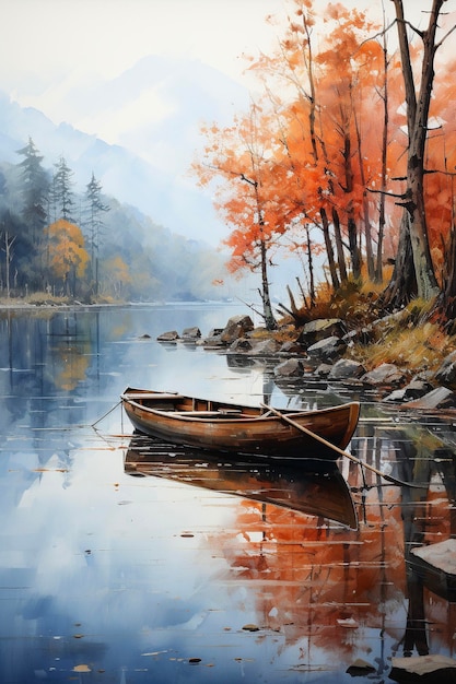 Осенний пейзаж с лодкой на озере Акварельная живопись