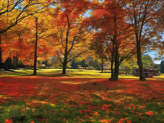 A autumn landscape with a carpet of red orange and yellow leaves scattered across the ground