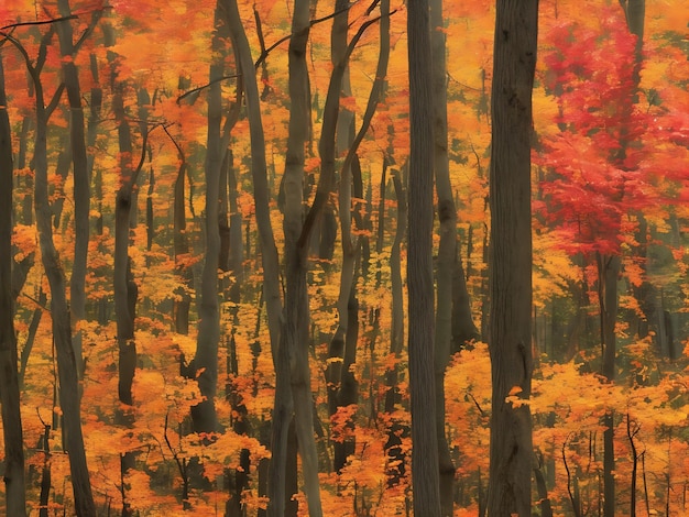 地面に散らばった赤いオレンジと黄色の葉のカーペットを持つ秋の風景