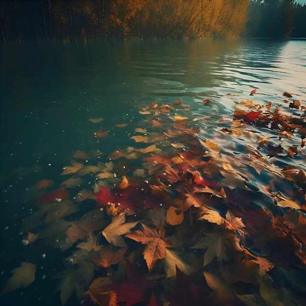 Autumn landscape with colorful leaves on the water surface Selective focus