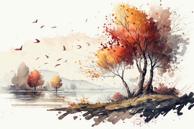 Autumn Landscape with Falling Leaves in Watercolors