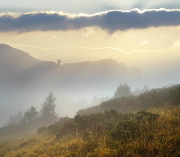 山の霧のある秋の風景