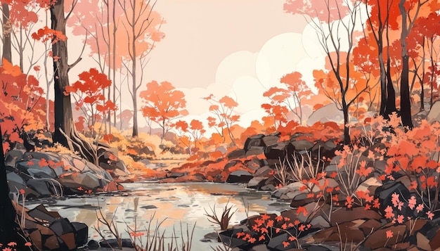 Autumn landscape with forest river and flowers Digital painting