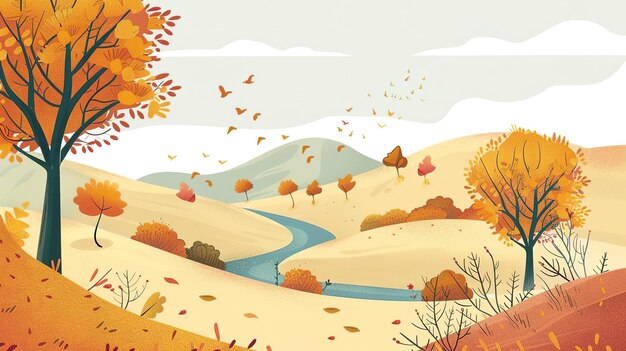 Photo autumn landscape with hills a river and trees with falling leaves