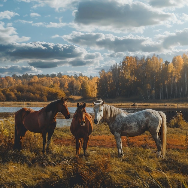Autumn Landscape with Horses in Rural Setting