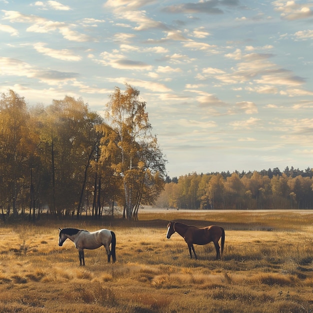 農村 の 場所 で の 馬 の 姿 の 秋 の 景色