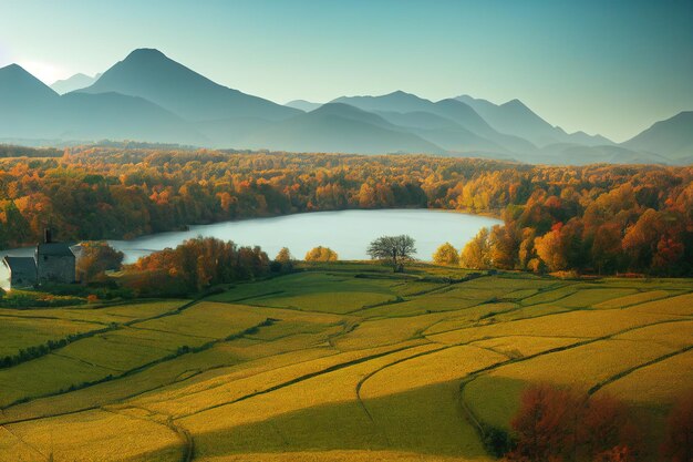 Autumn landscape with a house on the horizon a blue lake and orange grass on the field Mountains on the horizon under the blue sky 3d illustration