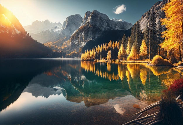 Autumn landscape with lake and mountains in the background Lake in the mountains generative ai