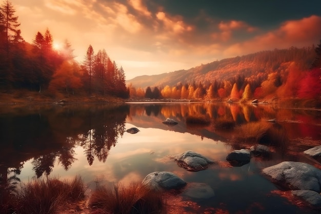 Autumn landscape with a lake and trees in the foreground