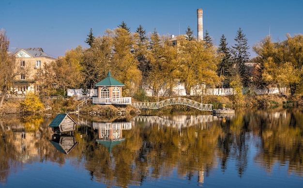 Autumn landscape with a lake and yellow trees in the village of ivanki cherkasy region ukraine