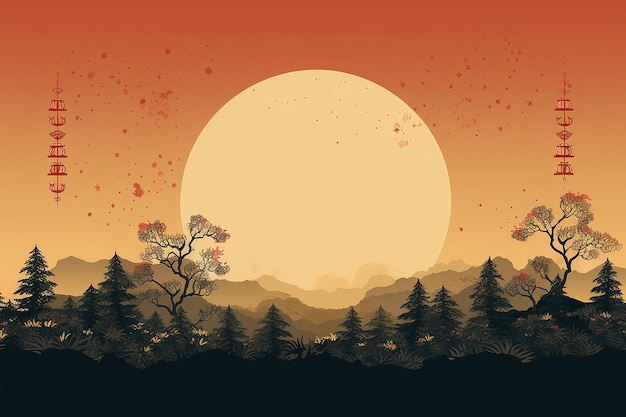 Autumn Landscape with Moon Tree and Mountain MidAutumn Festival Banner