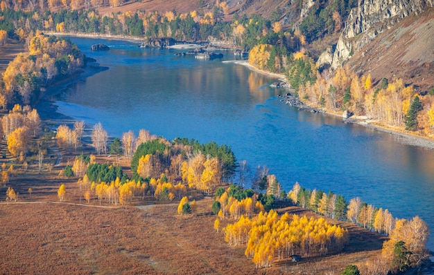 산강의 밝은 다색 전망을 갖춘 가을 풍경