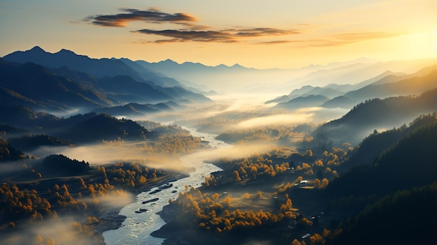 Autumn landscape with mountains trees and fog top view