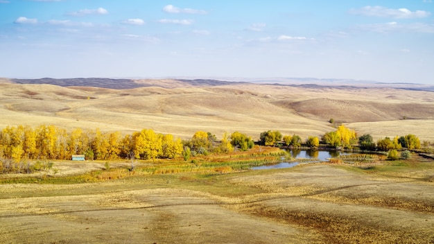 Orenburg 지역의 러시아에서 대초원 강 사진에 연못이 있는 가을 풍경을 촬영했습니다.