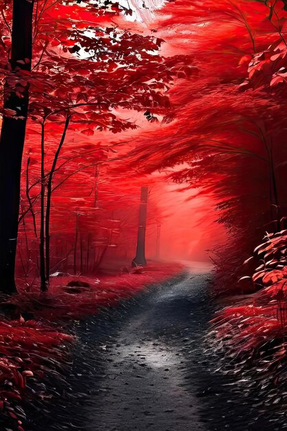 Autumn landscape with red forest and dark road Digital painting