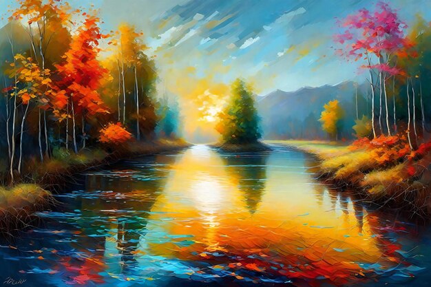 Autumn landscape with river and colorful forest digital painting on canvas