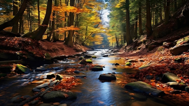 Autumn landscape with river and colorful trees in forest Generative ai