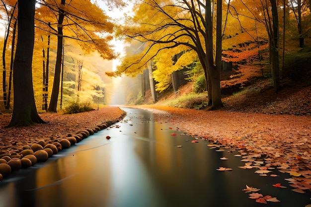 Foto paesaggio autunnale con un fiume e alberi con la parola autunno sulla destra