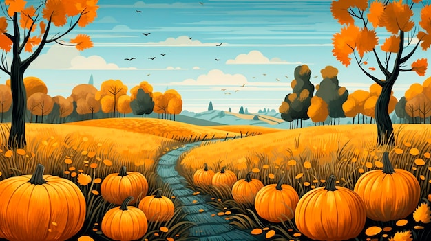 Autumn landscape with road and pumpkins vector cartoon illustration