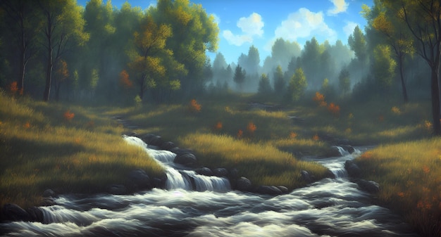 Autumn landscape with a rushing stream of water near the forest Colorful trees in the forest near a stream in the fall AI generation