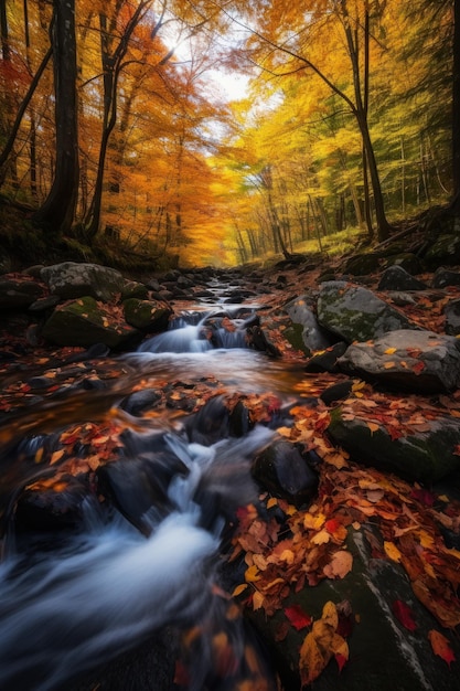 Autumn landscape with a stream flowing through the forest Colorful leaves on the rocks