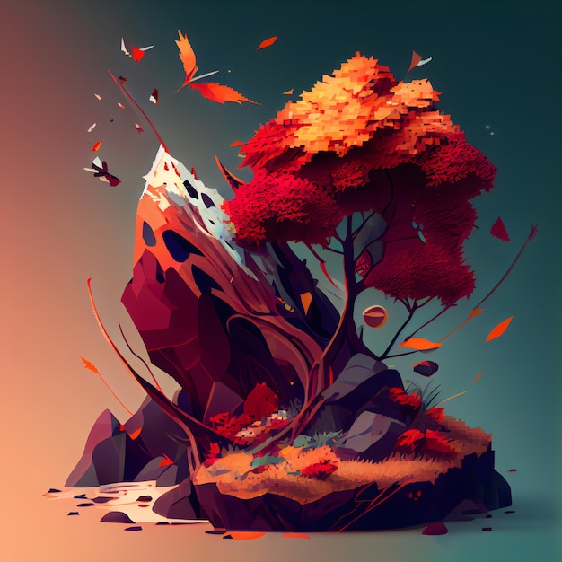 Autumn landscape with a tree and a mountain illustration