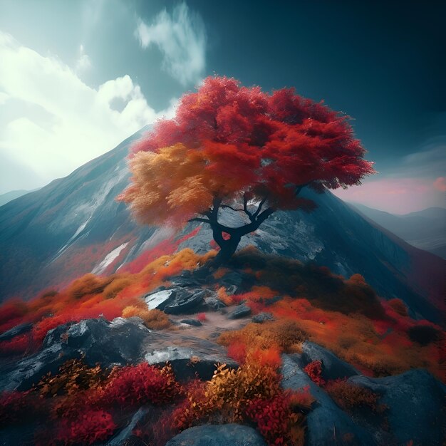 Осенний пейзаж с деревом в горах 3d визуализация
