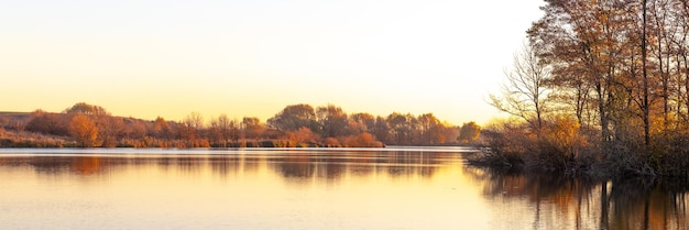 Paesaggio autunnale con alberi in riva al fiume con tempo soleggiato in caldi toni autunnali riflessione di alberi nel fiume