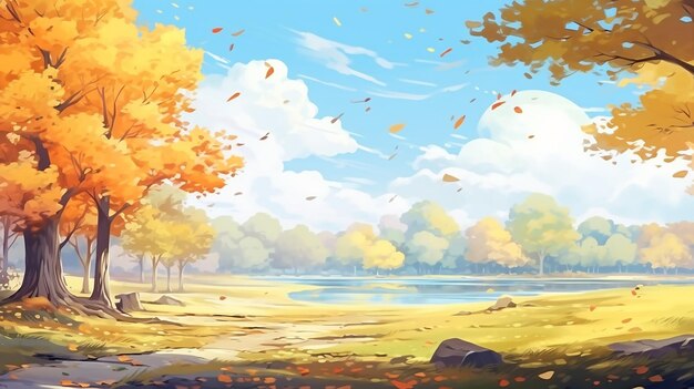 Photo autumn landscape with trees and falling leaves in beautiful cartoon anime style