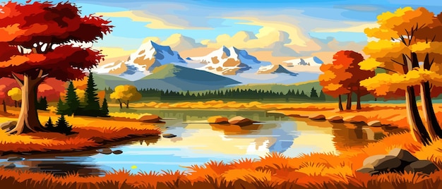 Autumn landscape with trees mountains fields leaves Rural landscape Autumn background Vector illustration horizontal banner autumn landscape mountains and maple trees fallen with yellow foliage