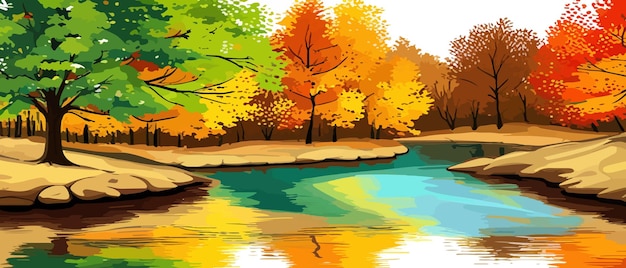 Осенний пейзаж с деревьями, горами, полями, листьями. Сельский пейзаж. Осенний фон. Векторная иллюстрация. Горизонтальный баннер. Осенний пейзаж. Горы и клены, упавшие с желтой листвой.