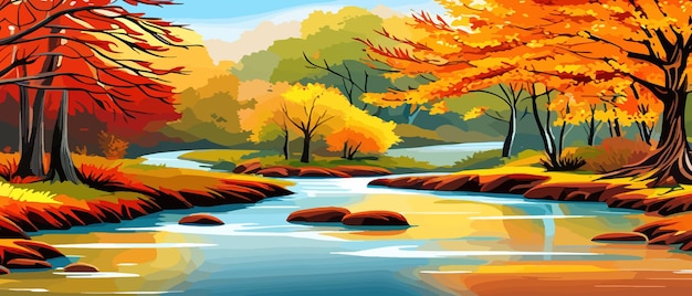 Autumn landscape with trees mountains fields leaves Rural landscape Autumn background Vector illustration horizontal banner autumn landscape mountains and maple trees fallen with yellow foliage